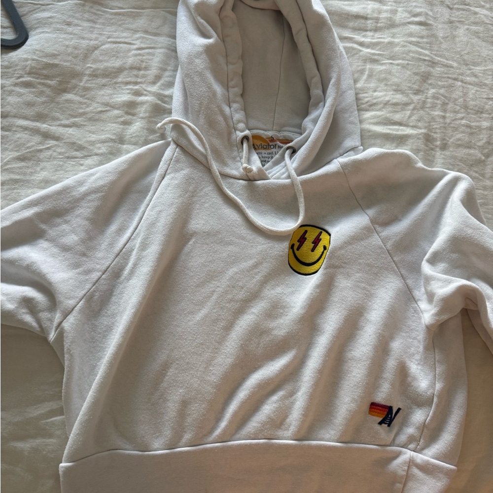 Aviator Nation White crop Hoodie with Smiley Patch